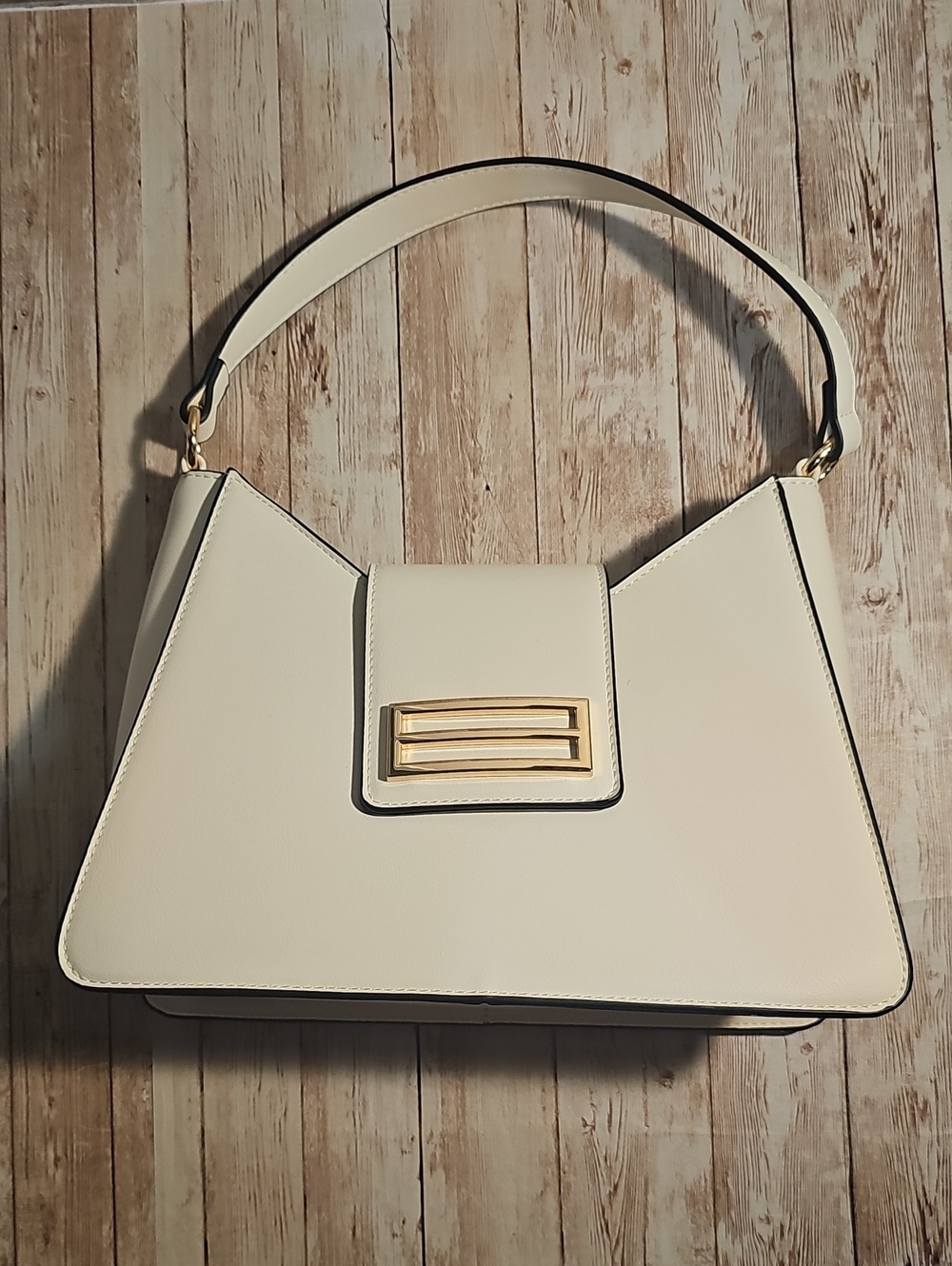 Cream Structured Shoulder Bag with Gold Accent
